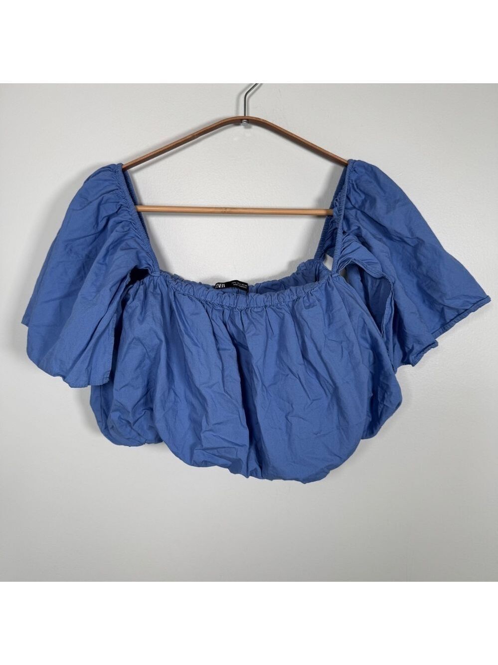Zara Blue Ruched Ruffled Puff Crop Top - Picture 5 of 7